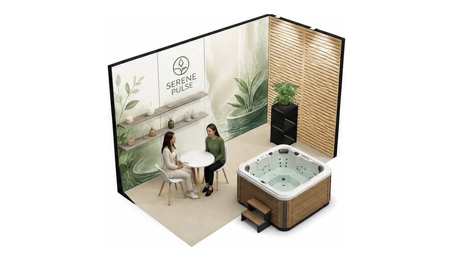 Stoisko 4 × 2 m narożne prawe dla branży spa i wellness, przykładowa marka Serene Pulse