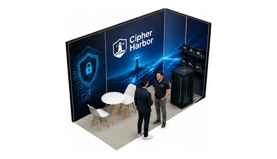 Stoisko 4 × 2 m narożne prawe dla branży cyberbezpieczeństwo, przykładowa marka Cipher Harbor