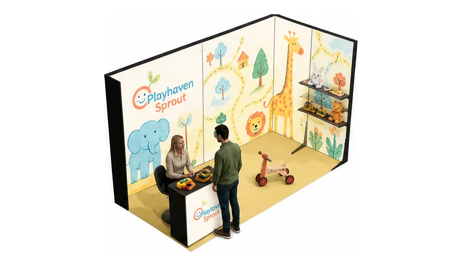 Stoisko 4 × 2 m narożne prawe dla branży zabawki i artykuły dziecięce, przykładowa marka Playhaven Sprout