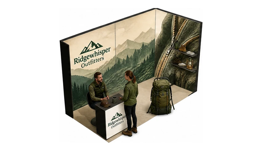 Stoisko 4 × 2 m narożne prawe dla branży odzież i sprzęt outdoorowy, przykładowa marka Ridgewhisper Outfitters