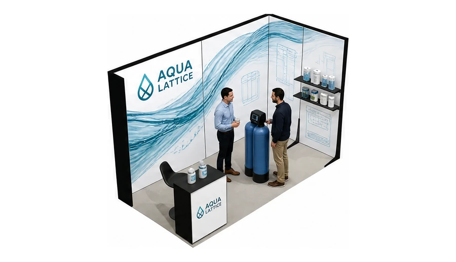 Stoisko 4 × 2 m narożne prawe dla branży technologie wodne, przykładowa marka Aqua Lattice
