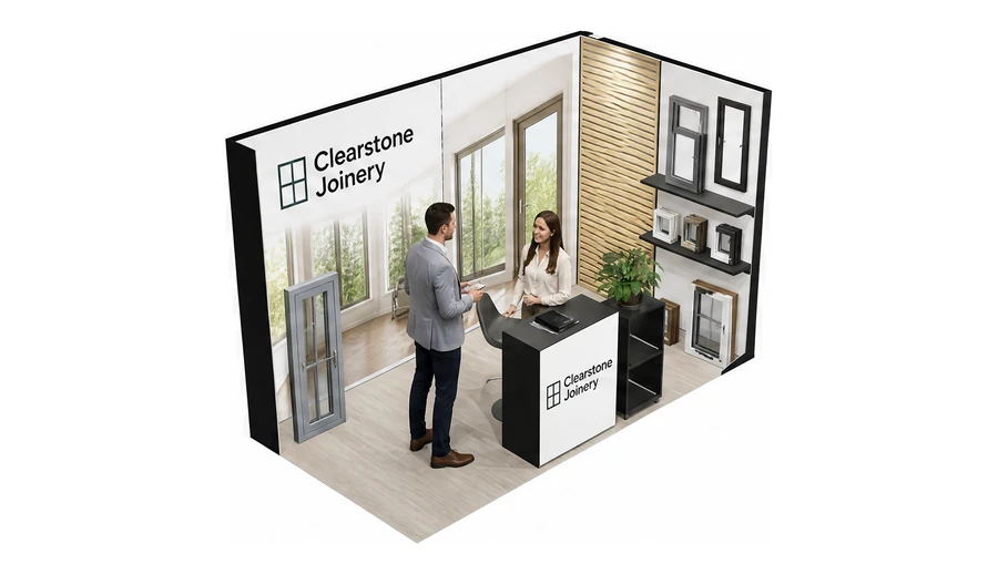 Stoisko 4 × 2 m narożne prawe dla branży okna i drzwi, przykładowa marka Clearstone Joinery