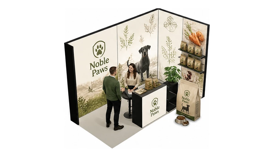 Stoisko 4 × 2 m narożne prawe dla branży karma dla zwierząt, przykładowa marka Noble Paws