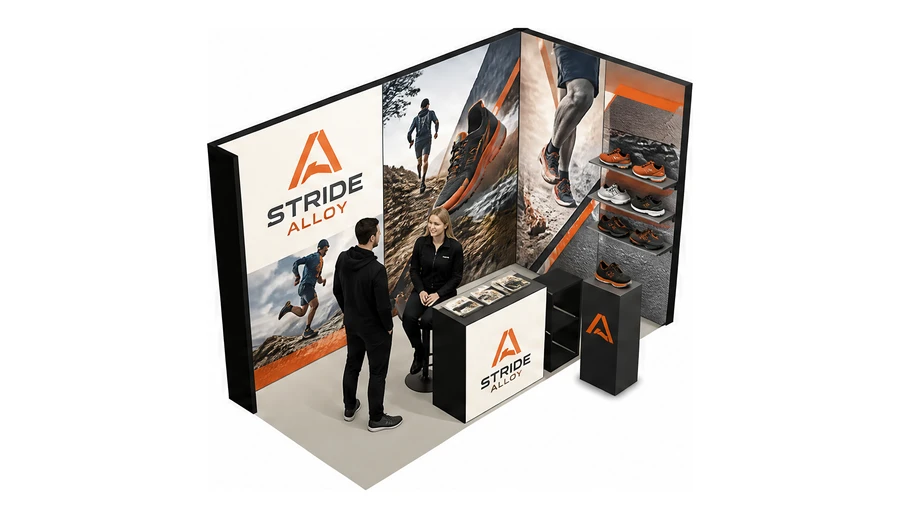 Stoisko 4 × 2 m narożne prawe dla branży obuwie, przykładowa marka Stride Alloy