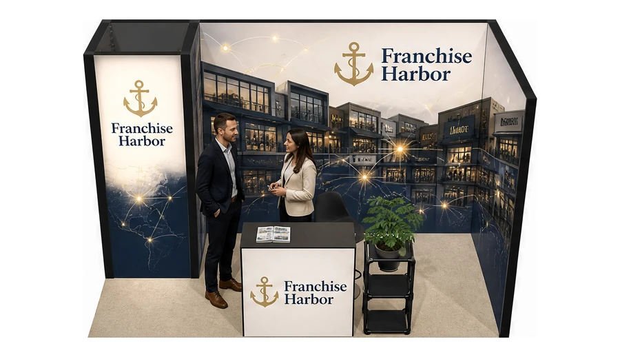Stoisko 4 × 2 m narożne prawe dla branży franczyza i sieci, przykładowa marka Franchise Harbor