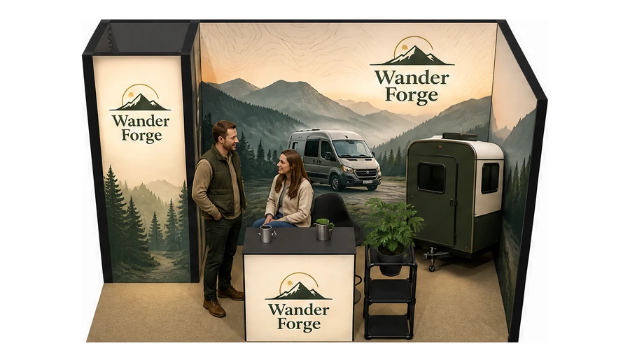 Stoisko 4 × 2 m narożne prawe dla branży caravaning i kampery, przykładowa marka Wander Forge
