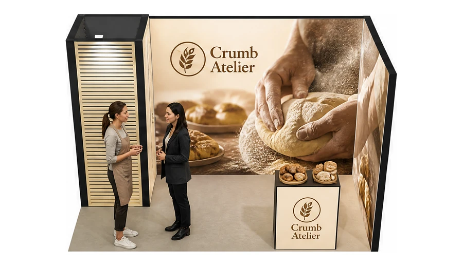 Stoisko 4 × 2 m narożne prawe dla branży piekarnictwo i cukiernictwo, przykładowa marka Crumb Atelier