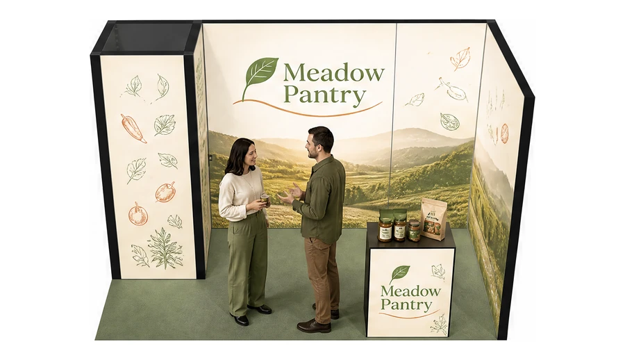 Stoisko 4 × 2 m narożne prawe dla branży żywność ekologiczna, przykładowa marka Meadow Pantry