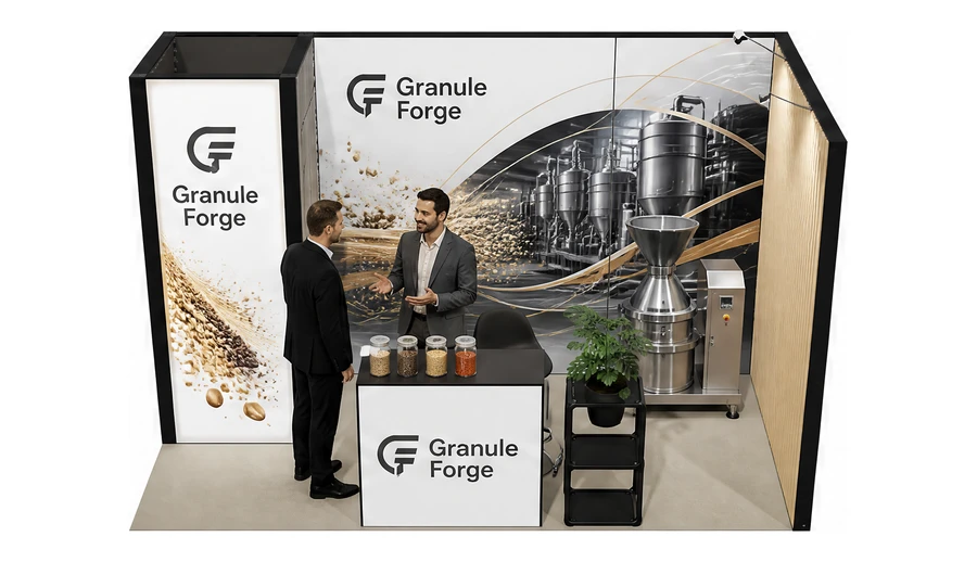 Stoisko 4 × 2 m narożne prawe dla branży technologie spożywcze, przykładowa marka Granule Forge