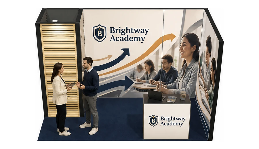Stoisko 4 × 2 m narożne prawe dla branży edukacja i szkolenia, przykładowa marka Brightway Academy