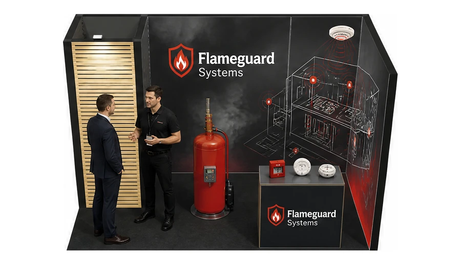 Stoisko 4 × 2 m narożne prawe dla branży ochrona przeciwpożarowa, przykładowa marka Flameguard Systems