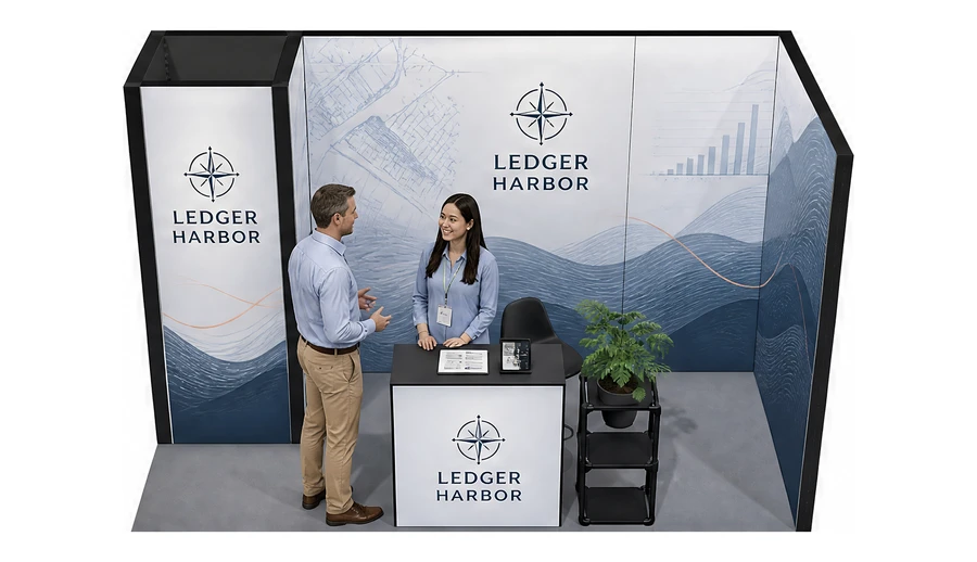 Stoisko 4 × 2 m narożne prawe dla branży usługi finansowe i księgowe, przykładowa marka Ledger Harbor