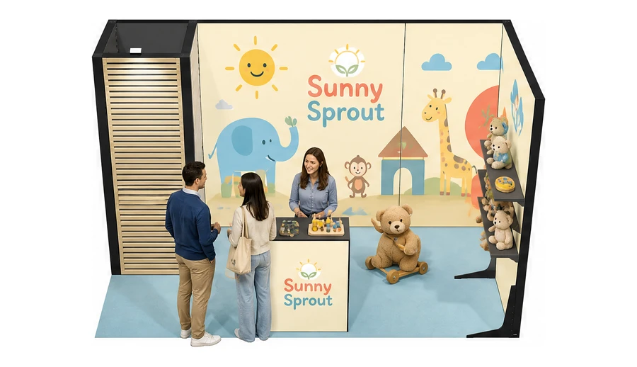 Stoisko 4 × 2 m narożne prawe dla branży zabawki i artykuły dziecięce, przykładowa marka Sunny Sprout