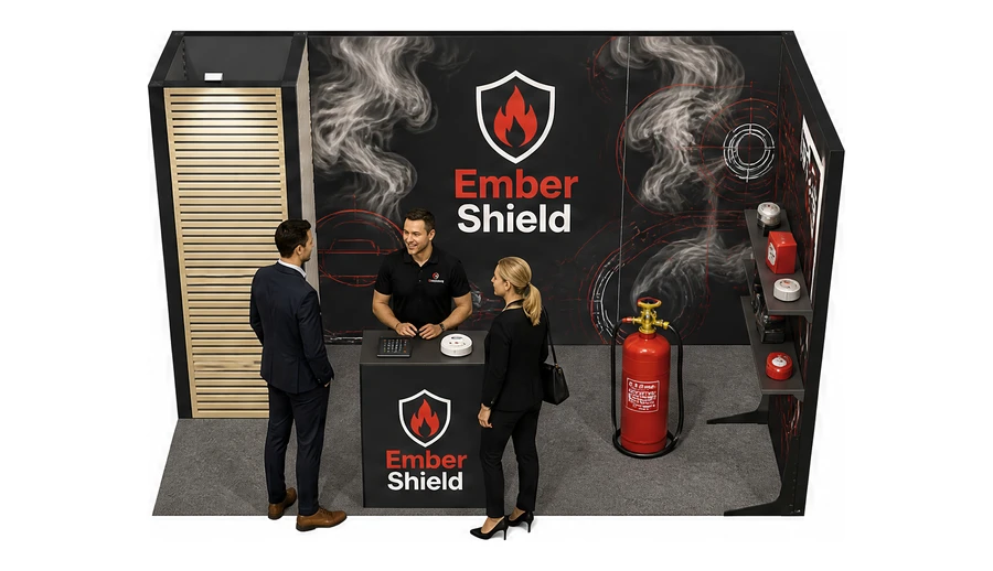 Stoisko 4 × 2 m narożne prawe dla branży ochrona przeciwpożarowa, przykładowa marka Ember Shield