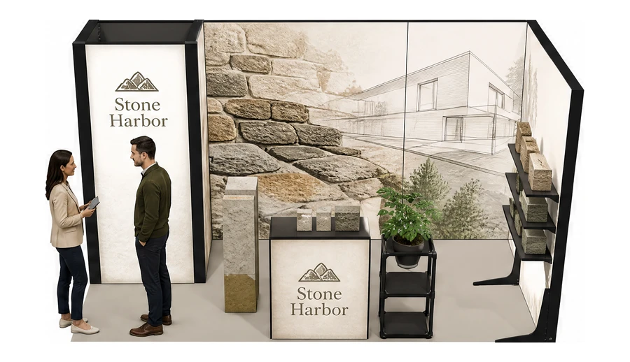Stoisko 4 × 2 m narożne prawe dla branży materiały budowlane, przykładowa marka Stone Harbor