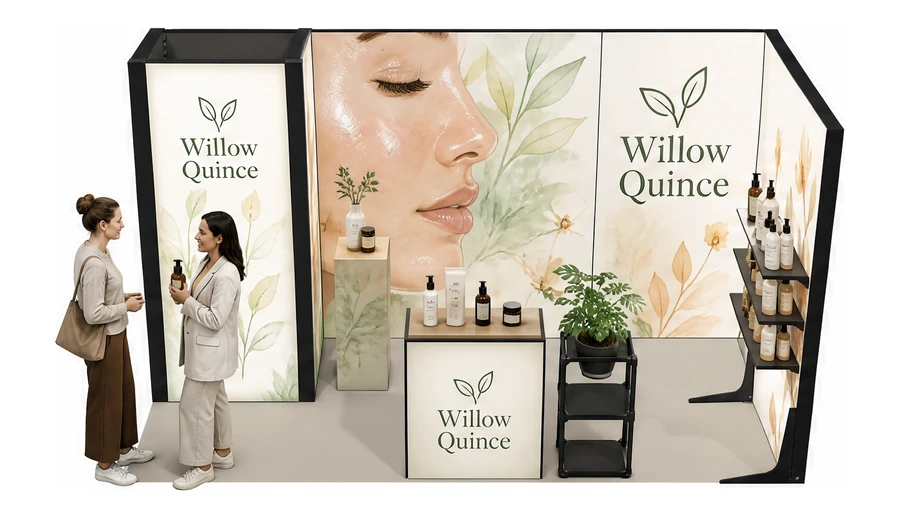 Stoisko 4 × 2 m narożne prawe dla branży kosmetyki naturalne, przykładowa marka Willow Quince