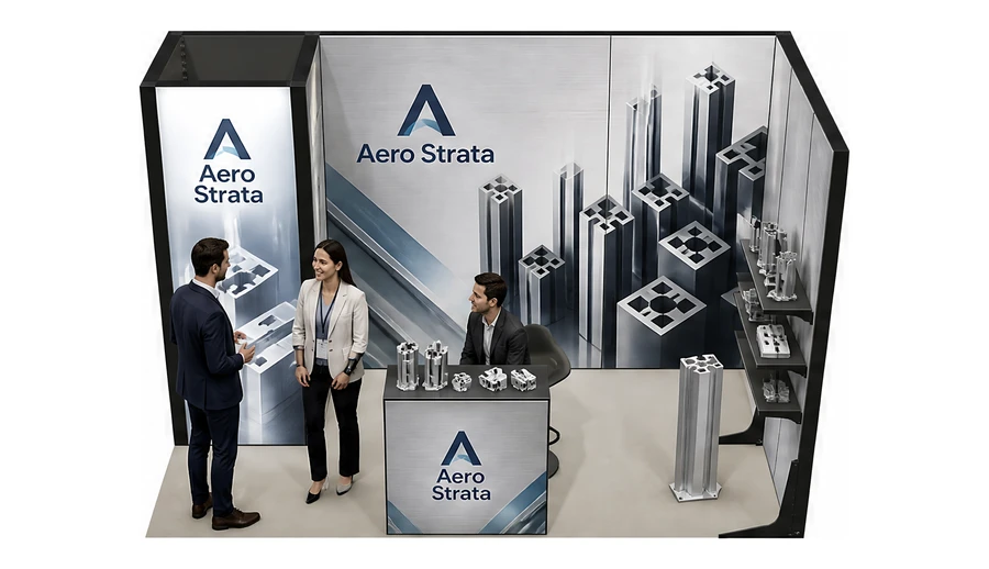 Stoisko 4 × 2 m narożne prawe dla branży profile aluminiowe, przykładowa marka Aero Strata