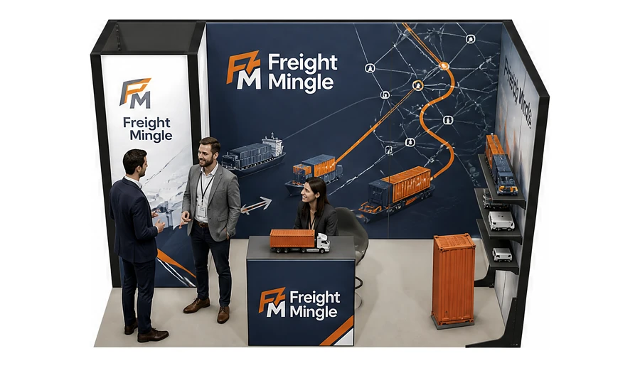 Stoisko 4 × 2 m narożne prawe dla branży logistyka i spedycja, przykładowa marka Freight Mingle