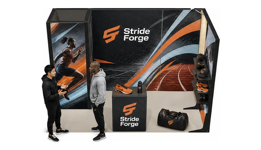 Stoisko 4 × 2 m narożne prawe dla branży sprzęt sportowy, przykładowa marka Stride Forge