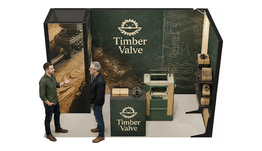 Stoisko 4 × 2 m narożne prawe dla branży maszyny do obróbki drewna, przykładowa marka Timber Valve