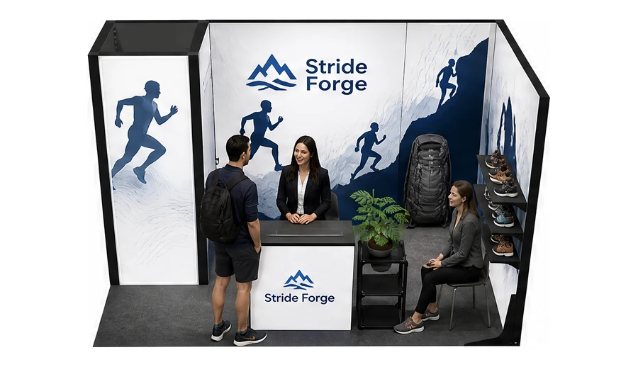 Stoisko 4 × 2 m narożne prawe dla branży sprzęt sportowy, przykładowa marka Stride Forge