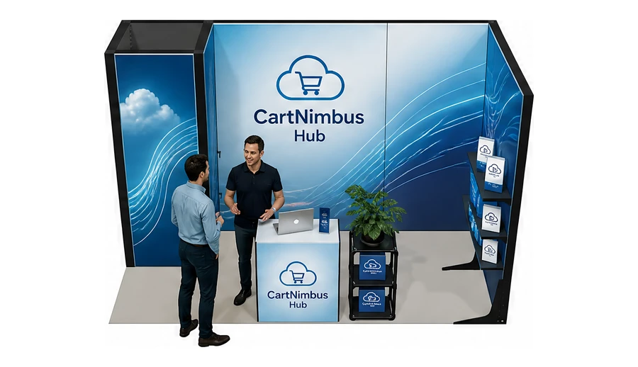 Stoisko 4 × 2 m narożne prawe dla branży e-commerce, przykładowa marka CartNimbus Hub