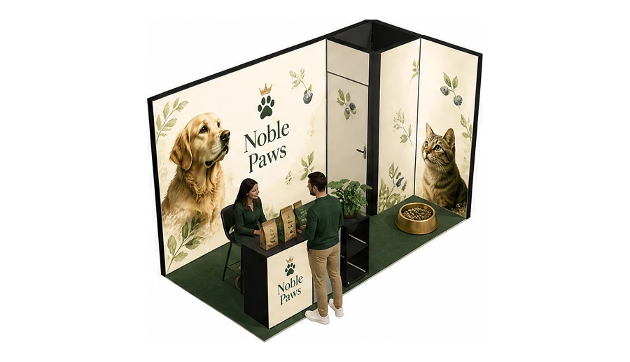 Stoisko 4 × 2 m narożne prawe dla branży karma dla zwierząt, przykładowa marka Noble Paws