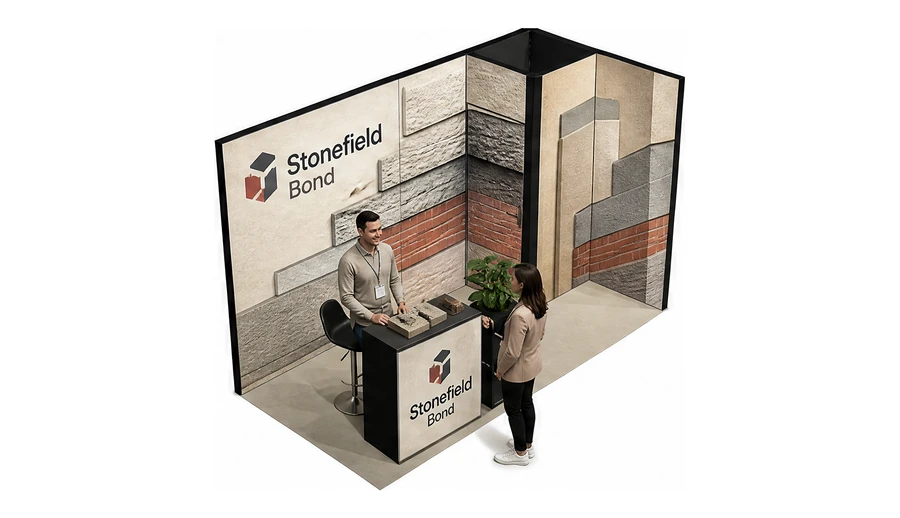 Stoisko 4 × 2 m narożne prawe dla branży materiały budowlane, przykładowa marka Stonefield Bond
