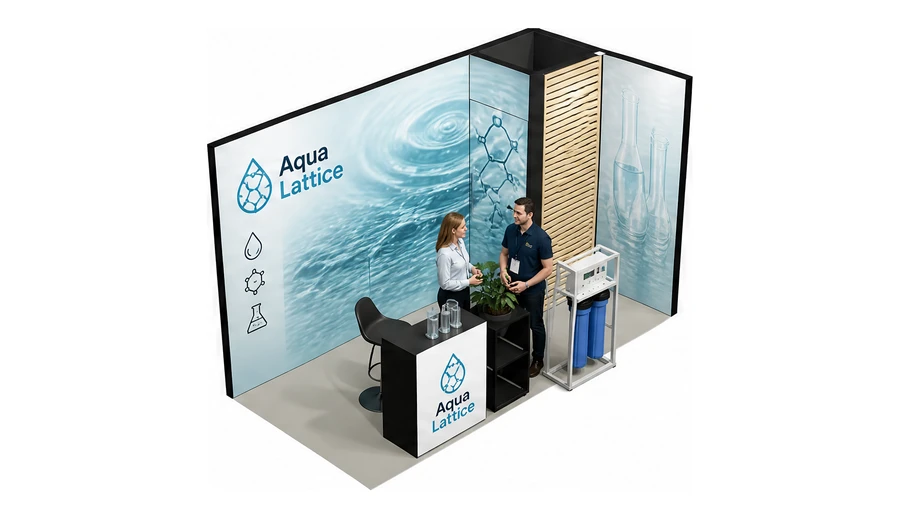 Stoisko 4 × 2 m narożne prawe dla branży technologie wodne, przykładowa marka Aqua Lattice