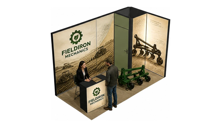 Stoisko 4 × 2 m narożne prawe dla branży maszyny rolnicze, przykładowa marka Fieldiron Mechanics