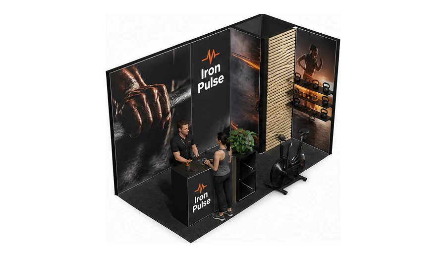 Stoisko 4 × 2 m narożne prawe dla branży fitness i siłownie, przykładowa marka Iron Pulse