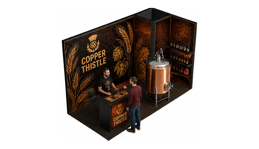 Stoisko 4 × 2 m narożne prawe dla branży browar rzemieślniczy, przykładowa marka Copper Thistle