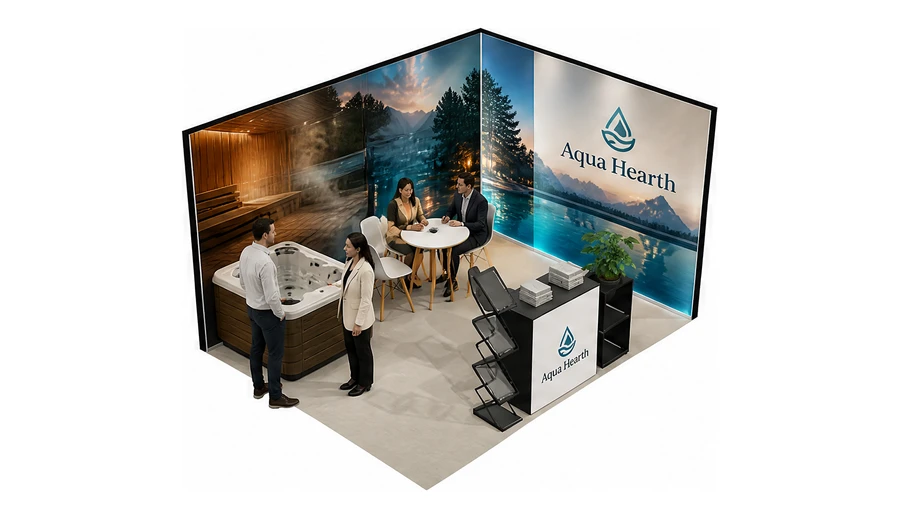 Stoisko 4 × 3 m narożne prawe dla branży baseny i sauny, przykładowa marka Aqua Hearth