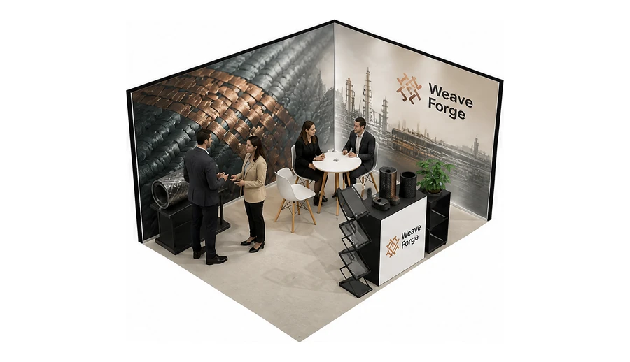 Stoisko 4 × 3 m narożne prawe dla branży materiały kompozytowe, przykładowa marka Weave Forge