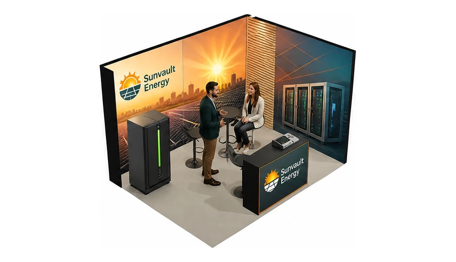 Stoisko 4 × 3 m narożne prawe dla branży fotowoltaika, przykładowa marka Sunvault Energy
