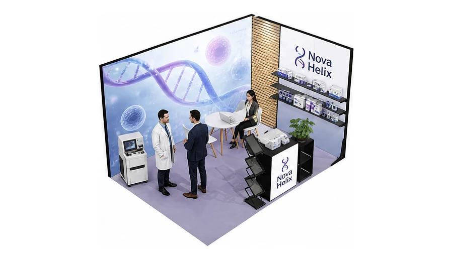 Stoisko 4 × 3 m narożne prawe dla branży farmacja i biotechnologia, przykładowa marka Nova Helix