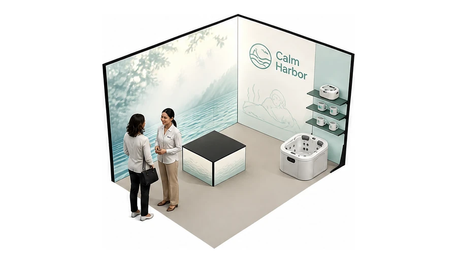 Stoisko 4 × 3 m narożne prawe dla branży spa i wellness, przykładowa marka Calm Harbor