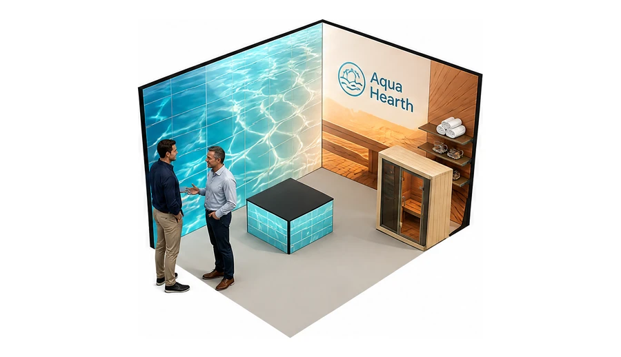 Stoisko 4 × 3 m narożne prawe dla branży baseny i sauny, przykładowa marka Aqua Hearth