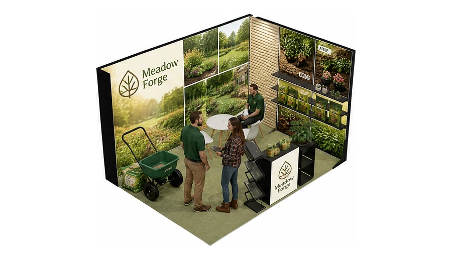 Stoisko 4 × 3 m narożne prawe dla branży ogród i architektura krajobrazu, przykładowa marka Meadow Forge