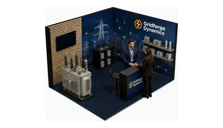 Stoisko 4 × 3 m narożne prawe dla branży energetyka i sieci, przykładowa marka Gridforge Dynamics