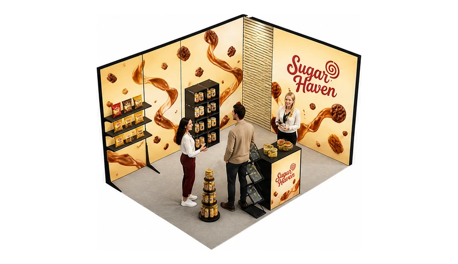 Stoisko 4 × 3 m narożne prawe dla branży słodycze i przekąski, przykładowa marka Sugar Haven