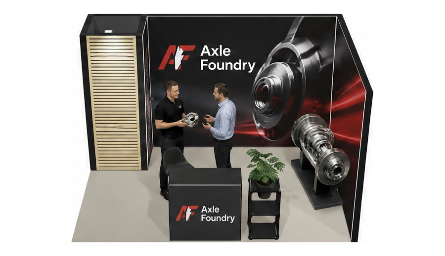 Stoisko 4 × 3 m narożne prawe dla branży części motoryzacyjne, przykładowa marka Axle Foundry