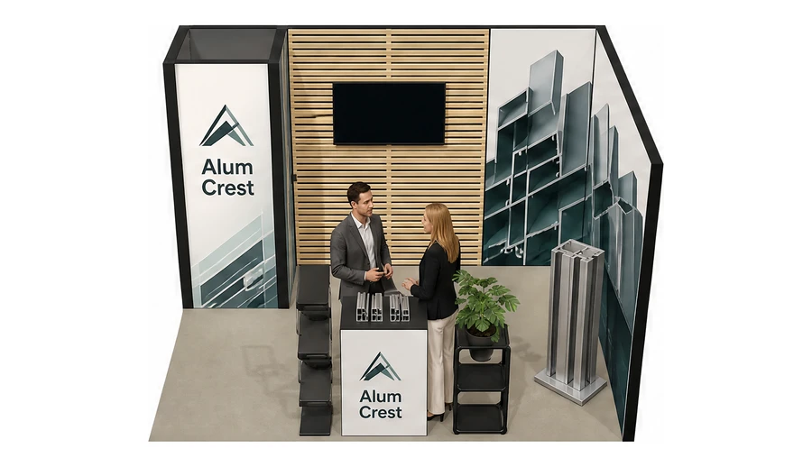 Stoisko 4 × 3 m narożne prawe dla branży profile aluminiowe, przykładowa marka Alum Crest