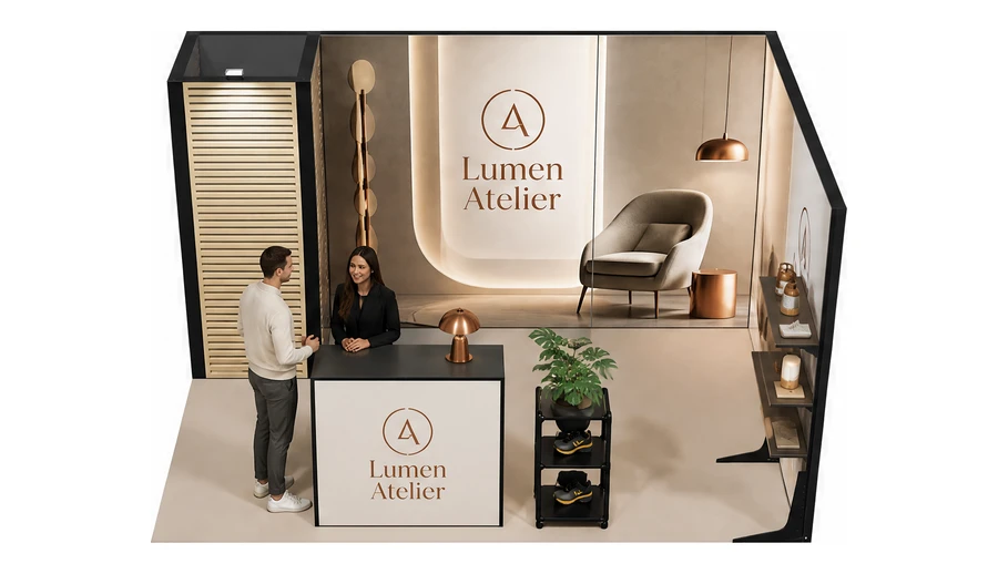 Stoisko 4 × 3 m narożne prawe dla branży meble designerskie, przykładowa marka Lumen Atelier
