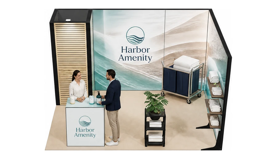 Stoisko 4 × 3 m narożne prawe dla branży wyposażenie hoteli, przykładowa marka Harbor Amenity