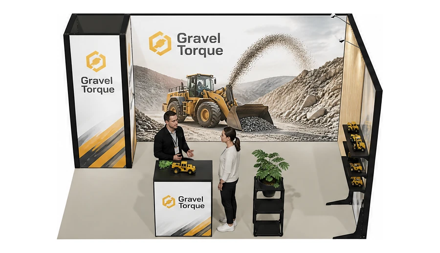 Stoisko 4 × 3 m narożne prawe dla branży maszyny budowlane, przykładowa marka Gravel Torque