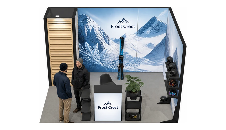 Stoisko 4 × 3 m narożne prawe dla branży narciarstwo i sporty zimowe, przykładowa marka Frost Crest