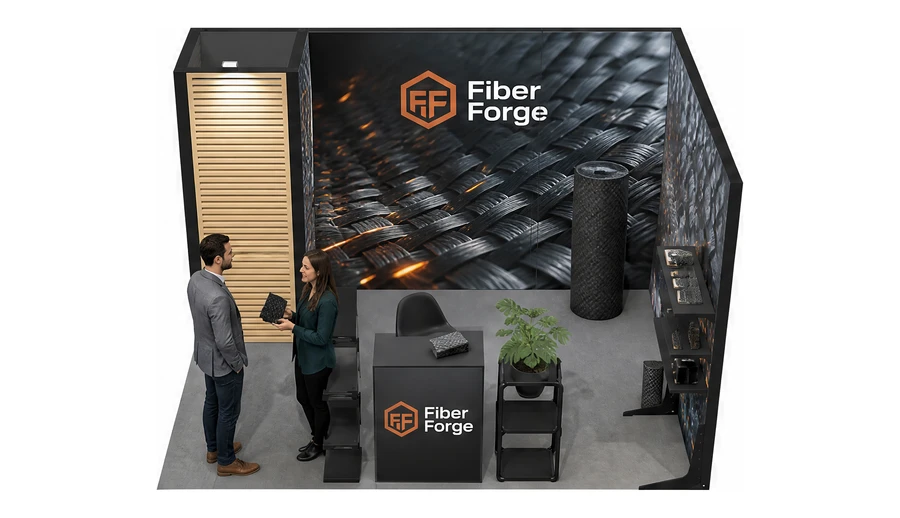 Stoisko 4 × 3 m narożne prawe dla branży materiały kompozytowe, przykładowa marka Fiber Forge
