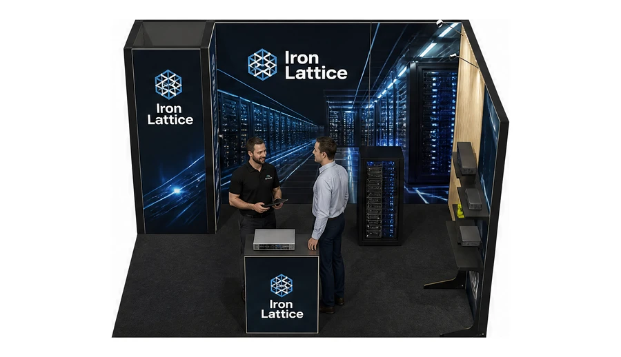 Stoisko 4 × 3 m narożne prawe dla branży infrastruktura IT i data center, przykładowa marka Iron Lattice