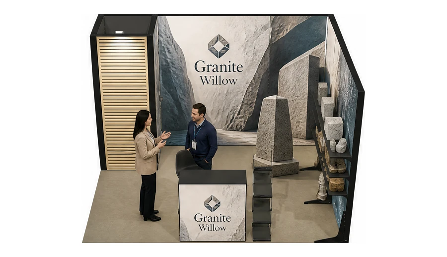 Stoisko 4 × 3 m narożne prawe dla branży kamień i kamieniarstwo, przykładowa marka Granite Willow
